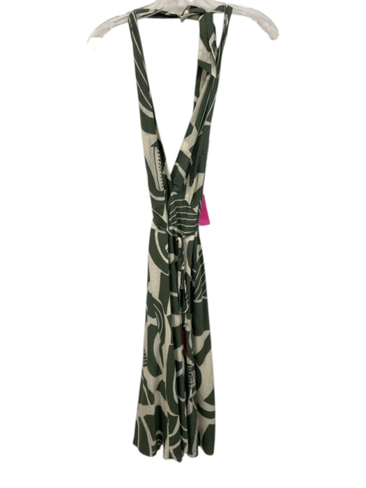 Zara Size S Cream White & Green Cotton Abstract Print Tie Neck Halter Dress Cream White & Green / S