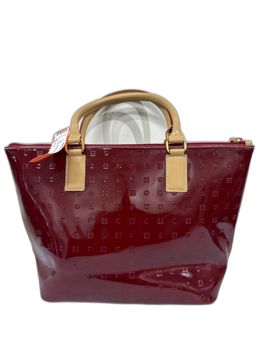Arcadia Beige & Red Leather Patent Stamped Zip Top Two Handle Bag Beige & Red