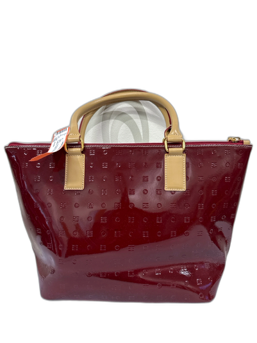 Arcadia Beige & Red Leather Patent Stamped Zip Top Two Handle Bag Beige & Red