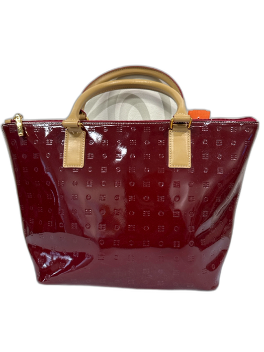 Arcadia Beige & Red Leather Patent Stamped Zip Top Two Handle Bag Beige & Red
