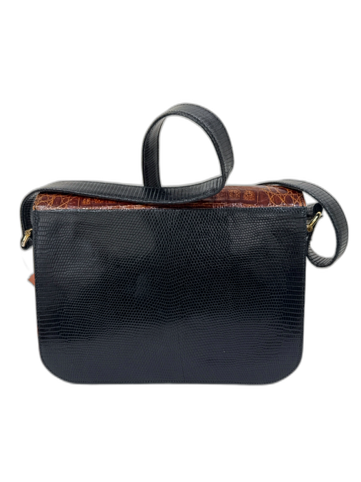 Lana of London Black & Brown Leather Croc Embossed Gold Tone Hardware Bag Black & Brown