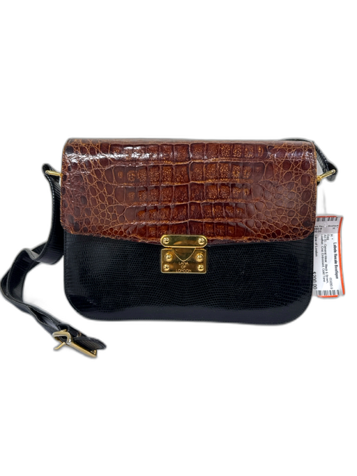 Lana of London Black & Brown Leather Croc Embossed Gold Tone Hardware Bag Black & Brown
