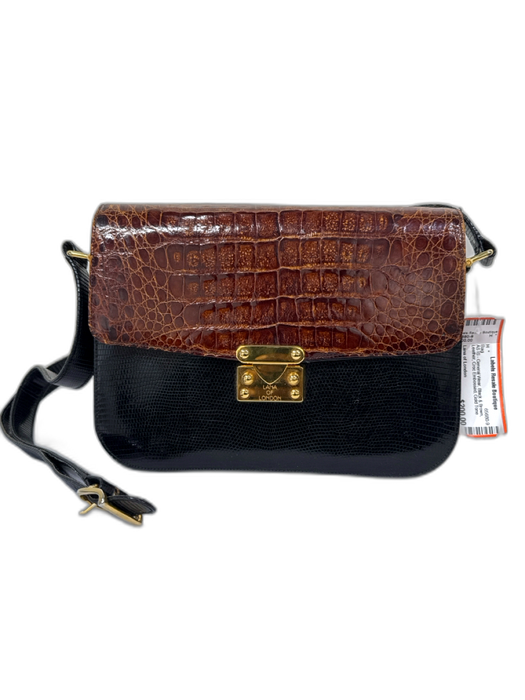 Lana of London Black & Brown Leather Croc Embossed Gold Tone Hardware Bag Black & Brown