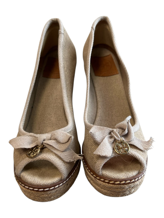 Tory Burch Shoe Size 6.5 Brown Canvas Peep Toe Bow Detail Wedge Espadrille Shoes Brown / 6.5