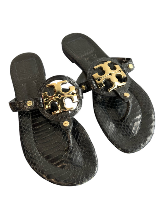 Tory Burch Shoe Size 5.5 Black Leather Logo Flip flop Gold Hardware Flat Shoes Black / 5.5