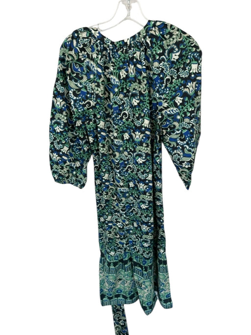 Tuckernuck Size S Green & Blue Cotton Long Balloon Sleeve Botanical Belted Dress Green & Blue / S