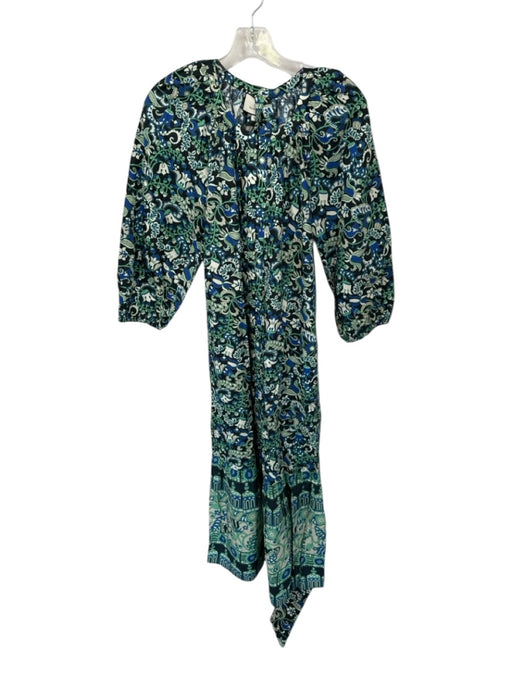 Tuckernuck Size S Green & Blue Cotton Long Balloon Sleeve Botanical Belted Dress Green & Blue / S