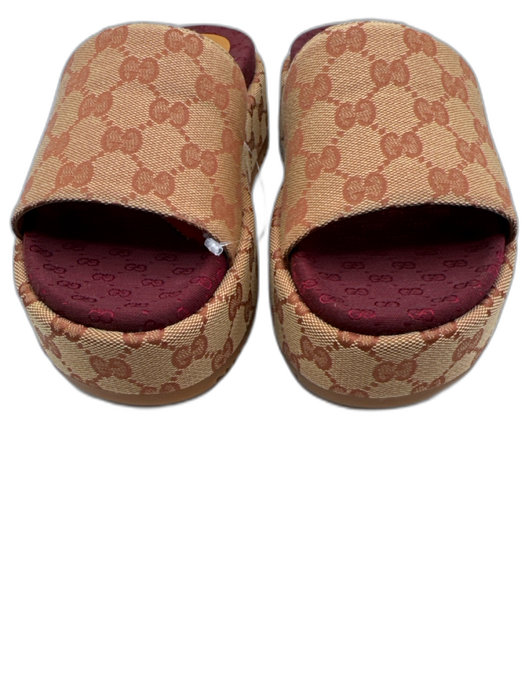 Gucci Shoe Size 39 Tan & Burgundy Textile open toe Gucci Supreme Mule Sandals Tan & Burgundy / 39