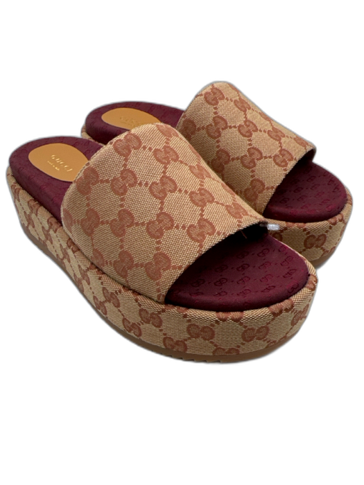 Gucci Shoe Size 39 Tan & Burgundy Textile open toe Gucci Supreme Mule Sandals Tan & Burgundy / 39