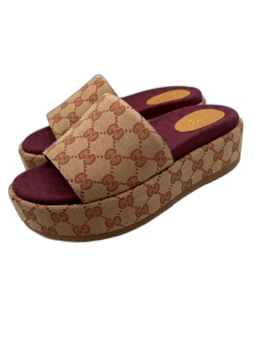 Gucci Shoe Size 39 Tan & Burgundy Textile open toe Gucci Supreme Mule Sandals Tan & Burgundy / 39