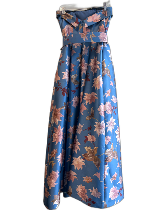 Sachin & Babi Size 2 Blue & Pink Polyester Strapless Boning Belt Side Slit Gown Blue & Pink / 2