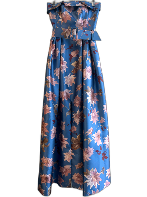 Sachin & Babi Size 2 Blue & Pink Polyester Strapless Boning Belt Side Slit Gown Blue & Pink / 2