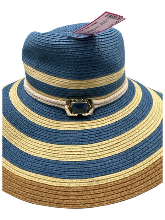 Vince Camuto Beige & Blue Straw Striped Goldtone Hardware Hat Beige & Blue / One Size