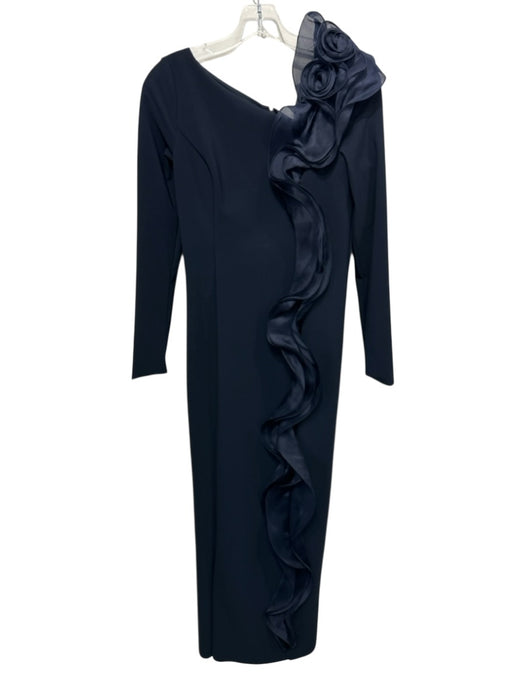 Rickie Freeman for Teri Jon Size S/M Navy Blue Nylon & Elastane Ruffle Trim Gown Navy Blue / S/M