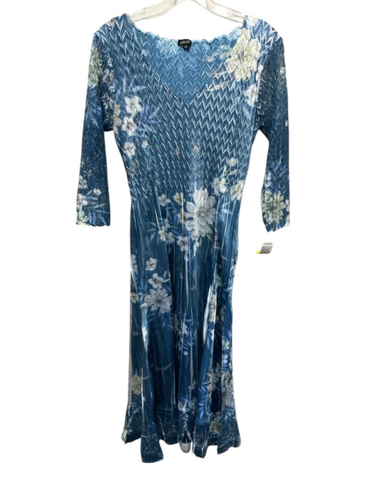 Komarov Size M Blue & White Polyester floral print Lace Trim V Neck Dress Blue & White / M