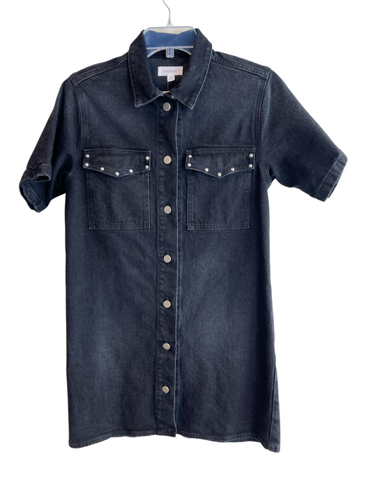 Evereve Size XS Black Cotton Blend Denim Studded Button Down Mini Dress Black / XS
