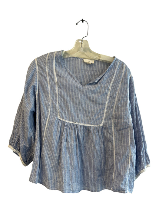 The Korner Size L Blue Cotton V Neck 3/4 Sleeve Striped Lace Trim Top Blue / L