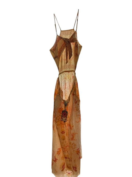 Farm Rio Size XL Orange & cream Linen High Neck Botanical Back Tie Dress Orange & cream / XL