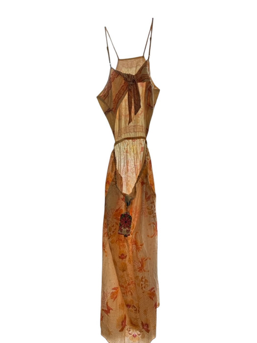 Farm Rio Size XL Orange & cream Linen High Neck Botanical Back Tie Dress Orange & cream / XL