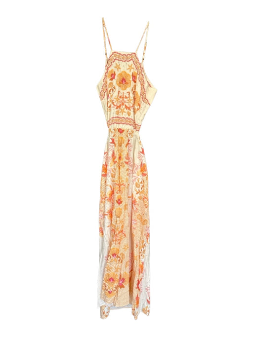 Farm Rio Size XL Orange & cream Linen High Neck Botanical Back Tie Dress Orange & cream / XL