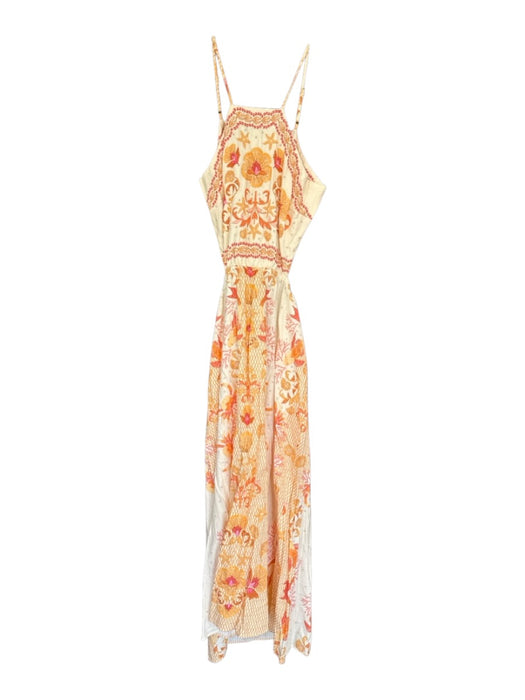 Farm Rio Size XL Orange & cream Linen High Neck Botanical Back Tie Dress Orange & cream / XL