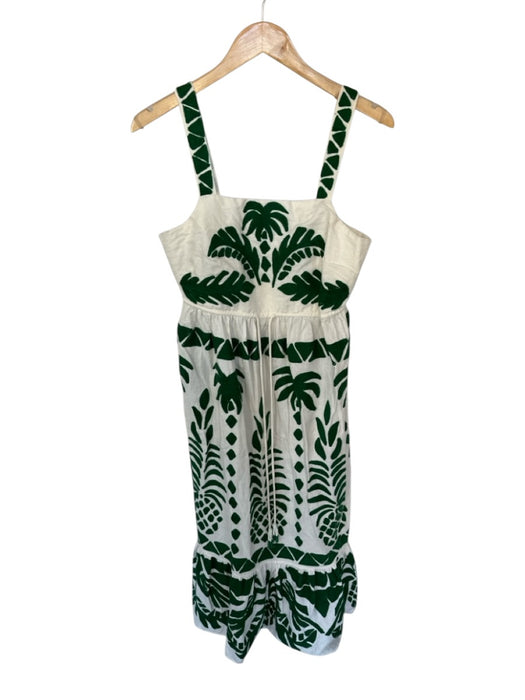 Farm Rio Size L White & Green Cotton Sleeveless Embroidered Flowers Maxi Dress White & Green / L
