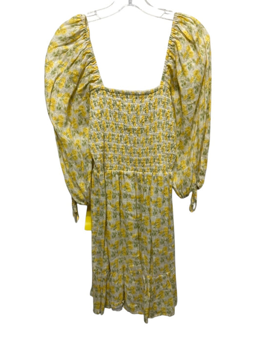 Faithful The Brand Size 6 Green & Yellow Linen Long puff sleeve Floral Dress Green & Yellow / 6