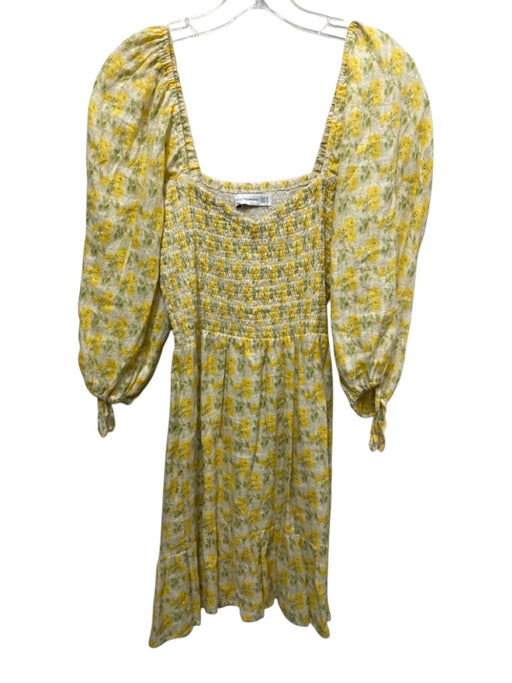 Faithful The Brand Size 6 Green & Yellow Linen Long puff sleeve Floral Dress Green & Yellow / 6