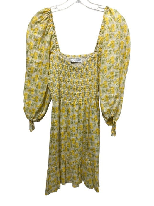 Faithful The Brand Size 6 Green & Yellow Linen Long puff sleeve Floral Dress Green & Yellow / 6
