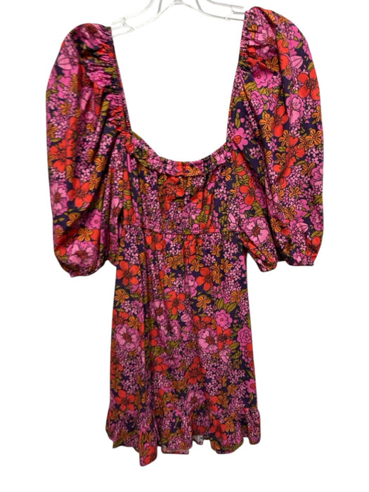 RAHI Size Small Red, Purple, Orange Cotton Short Puff Sleeve Floral Ruffle Dress Red, Purple, Orange / Small