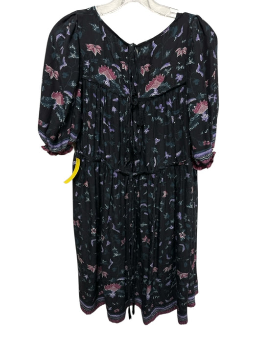 Natalie Martin Size XS Black, Purple, Teal Silk Short Sleeve Floral Tiered Dress Black, Purple, Teal / XS