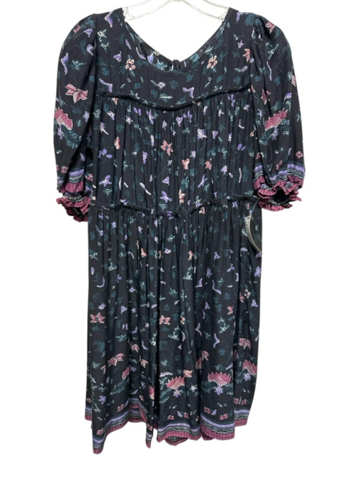 Natalie Martin Size XS Black, Purple, Teal Silk Short Sleeve Floral Tiered Dress Black, Purple, Teal / XS