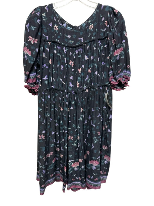 Natalie Martin Size XS Black, Purple, Teal Silk Short Sleeve Floral Tiered Dress Black, Purple, Teal / XS