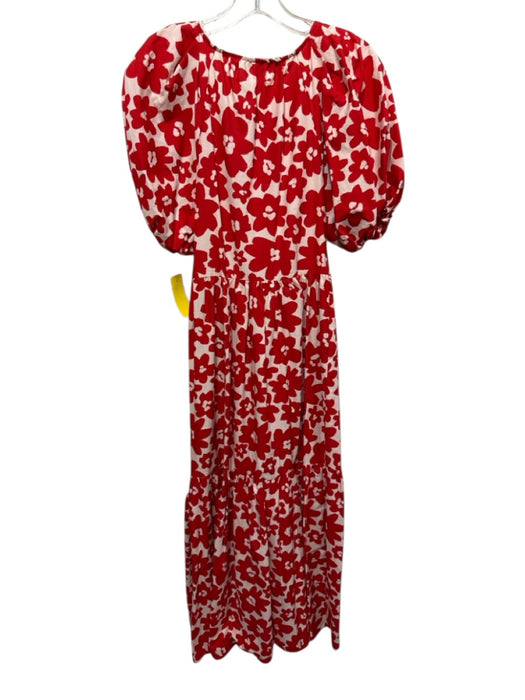 Zara Size Small Red & White Cotton Blend Short Puff Sleeve Floral V Neck Dress Red & White / Small
