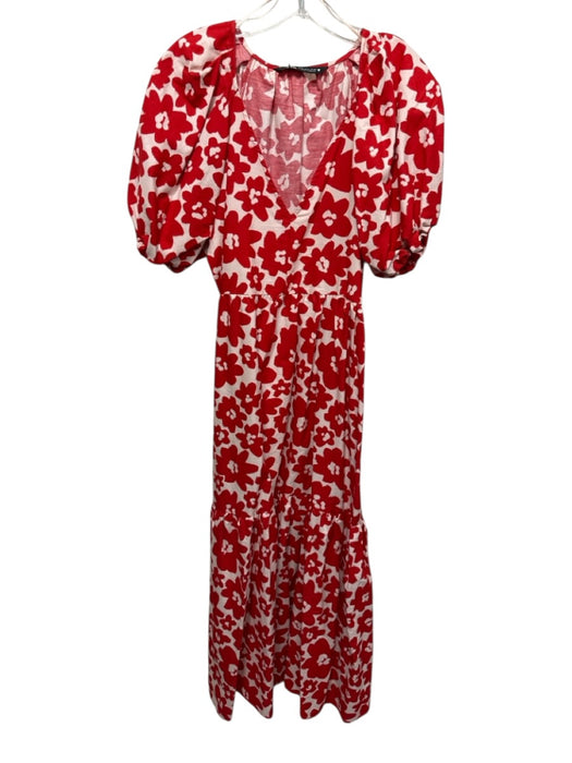 Zara Size Small Red & White Cotton Blend Short Puff Sleeve Floral V Neck Dress Red & White / Small