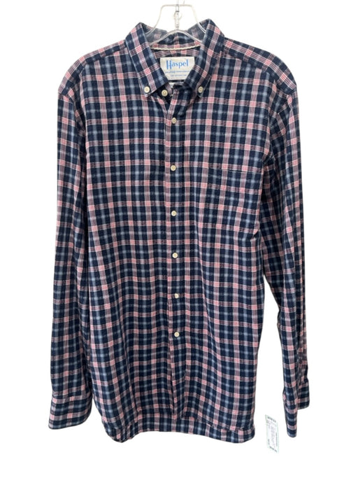 Haspel Size L Navy & Red Cotton Plaid Button Up Button Down Long Sleeve Shirt Navy & Red / L