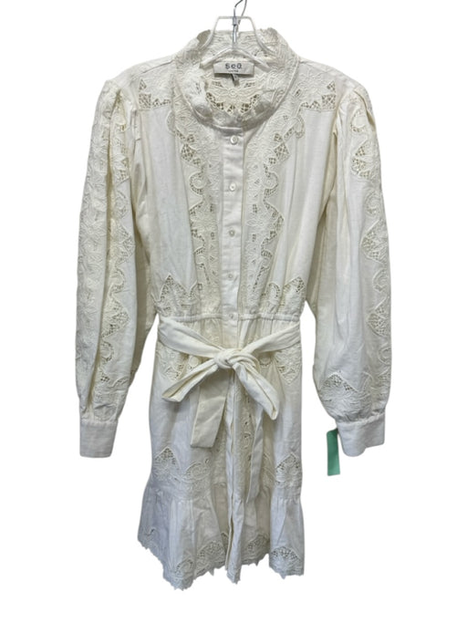 Sea New York Size 10 Cream Linen Blend Floral Lace Button Down Above Knee Dress Cream / 10