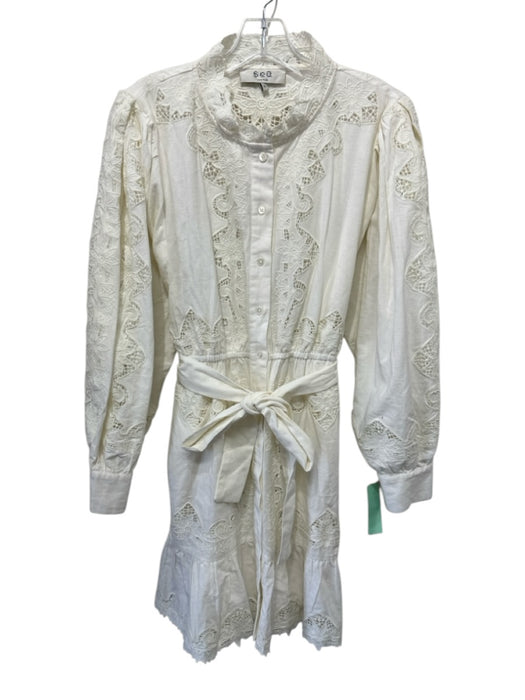 Sea New York Size 10 Cream Linen Blend Floral Lace Button Down Above Knee Dress Cream / 10