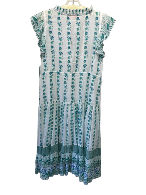 Oliphant Size M White, Teal, Blue Cotton Block Printed Floral Maxi Dress White, Teal, Blue / M