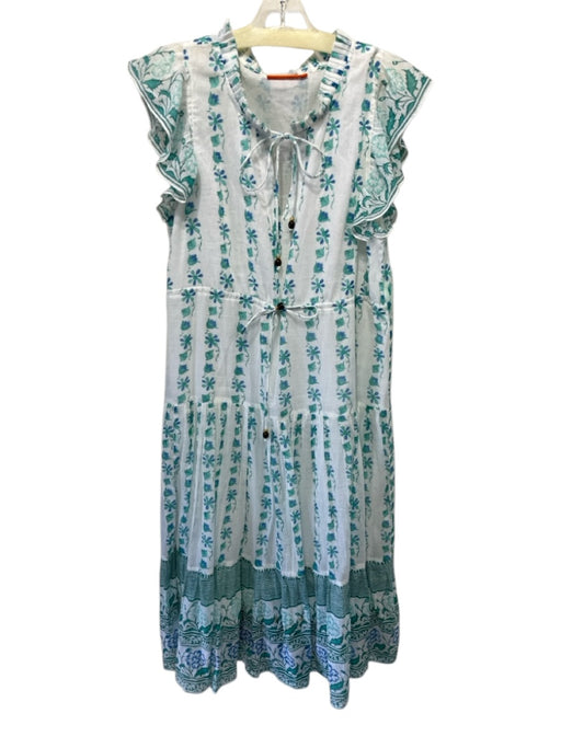 Oliphant Size M White, Teal, Blue Cotton Block Printed Floral Maxi Dress White, Teal, Blue / M