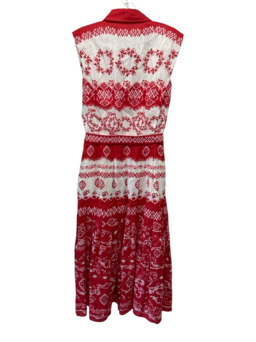 Saloni Size 8 Red & White Linen Button Down Mixed Print Sleeveless Maxi Dress Red & White / 8
