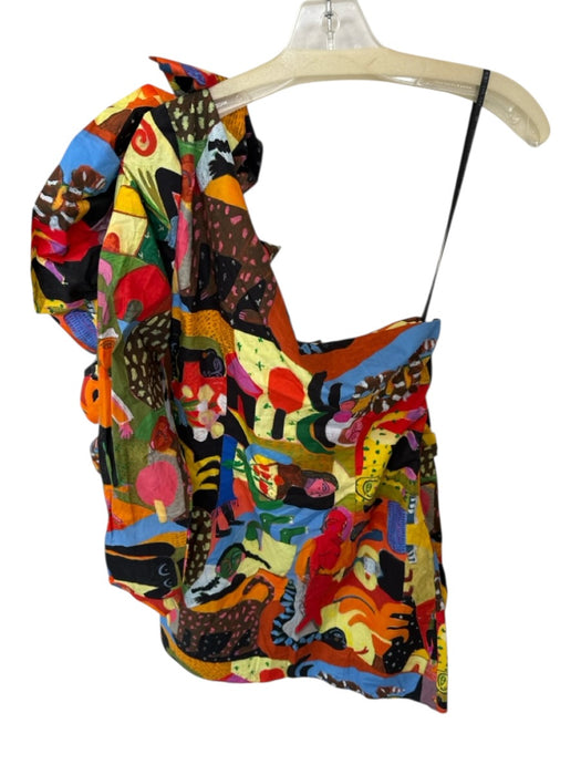 Farm Rio Size M Black & Multi Cotton One Shoulder People Ruffles Dress Black & Multi / M