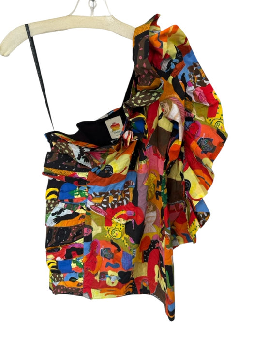 Farm Rio Size M Black & Multi Cotton One Shoulder People Ruffles Dress Black & Multi / M
