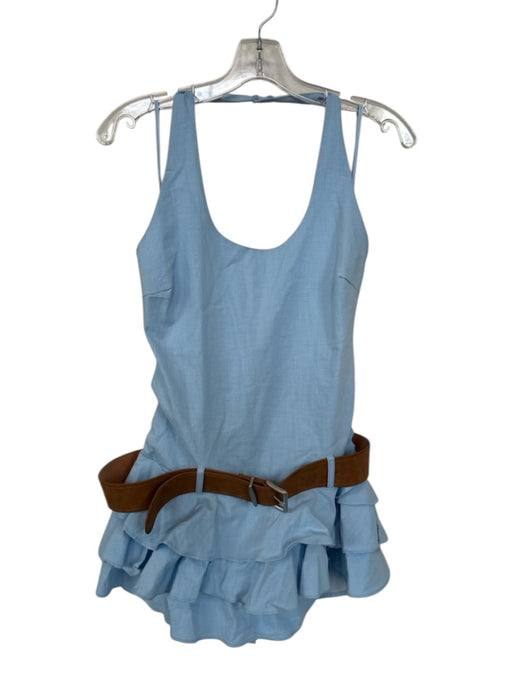 Blush Size M Light Blue Cotton Blend Halter Belt Ruffle Built in Shorts Dress Light Blue / M