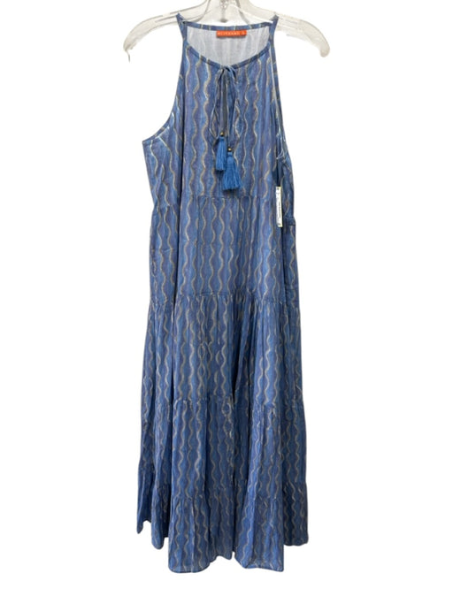 Oliphant Size L Light Blue, Purple & Gold Cotton Sleeveless Vertical Waves Dress Light Blue, Purple & Gold / L