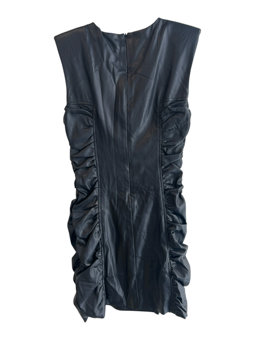 Zara Size M Black Faux Leather Crew Neck Cap Sleeve Back Zip Gathered Dress Black / M