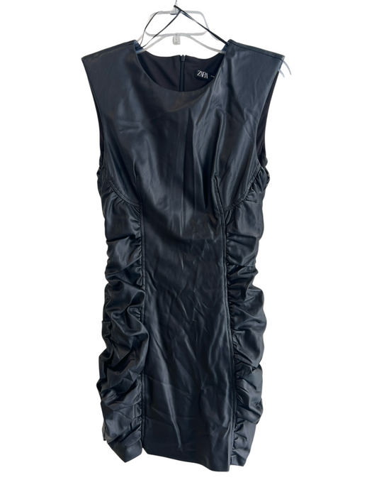 Zara Size M Black Faux Leather Crew Neck Cap Sleeve Back Zip Gathered Dress Black / M