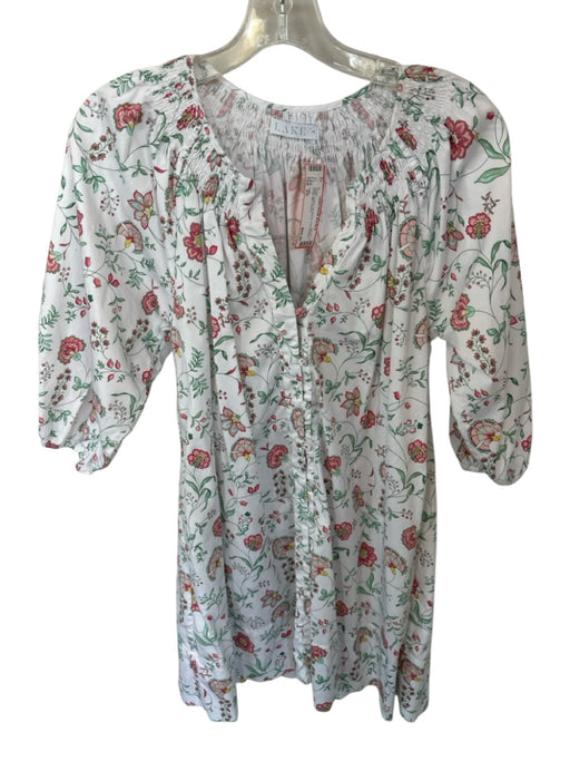 Lake Size XS White Cotton 1/4 Sleeve Front Buttons Floral Mini Dress White / XS