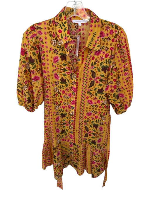 Olivaceous Size S Mustard Cotton Collared Button Up Floral Mini Dress Mustard / S