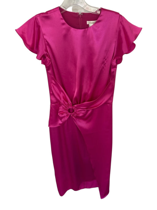 Shoshanna Size 4 Magenta Polyester Satin Waist Detail Ruffle Cap Sleeve Dress Magenta / 4